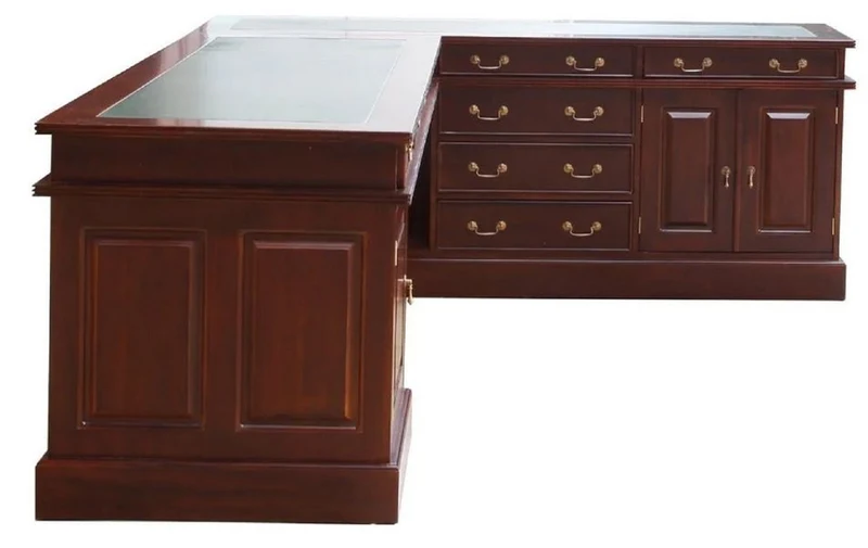 Casa Padrino Luxus Mahagoni Eckschreibtisch Dunkelbraun / Grün 225 x 200 x H. 80 cm - Massivholz Bürotisch - Mahagoni Büro Möbel - Luxus Büro Möbel