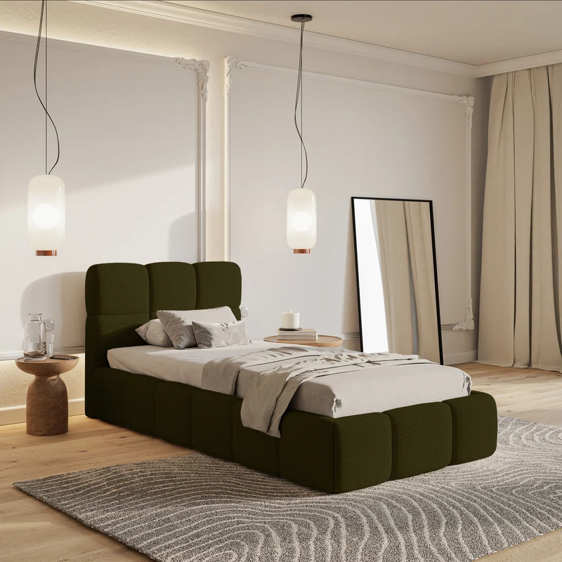 Gepolstertes Bett 90x200 cm Cloudy mit Stauraum, Metallrahmen, olivfarbenes Bouclé