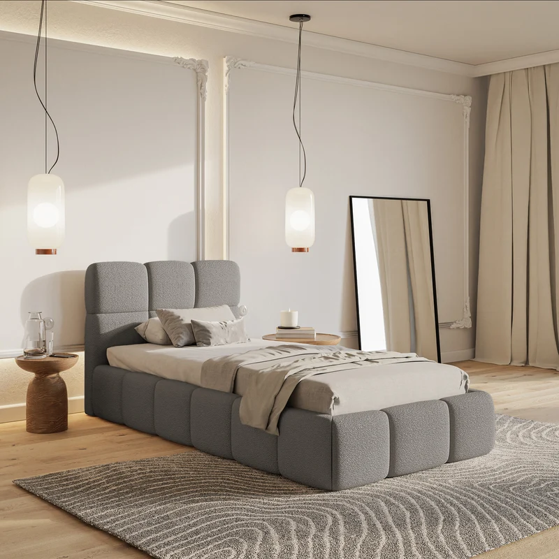 Polsterbett 90x200 cm Cloudy mit Stauraum, Metallrahmen, grauer Bouclé-Stoff
