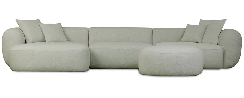 Modulare Eckcouch Baomi, großes L-förmiges Sofa mit Hocker, linksseitig, salbeigrüner Chenille-Stoff