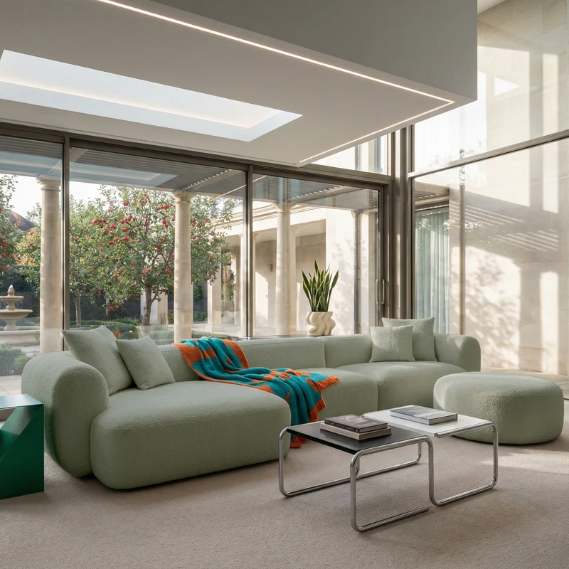 Modulare Eckcouch Baomi, großes L-förmiges Sofa mit Hocker, linksseitig, salbeigrüner Chenille-Stoff