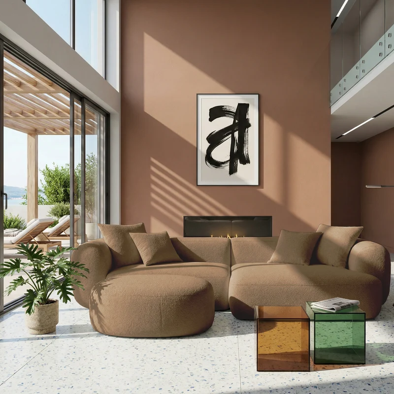 Modulares Ecksofa Baomi in L-Form mit Ottomanen, rechtsseitig, senfgelber Chenillestoff