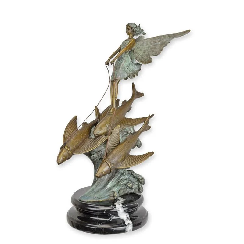 Casa Padrino Luxus Jugendstil Bronzefigur Meerfee auf fliegenden Fischen Grün / Bronze 15,8 x 29,2 x H. 37,5 cm - Bronze Skulptur mit Marmorsockel - Fee Deko Figur - Maritime Deko
