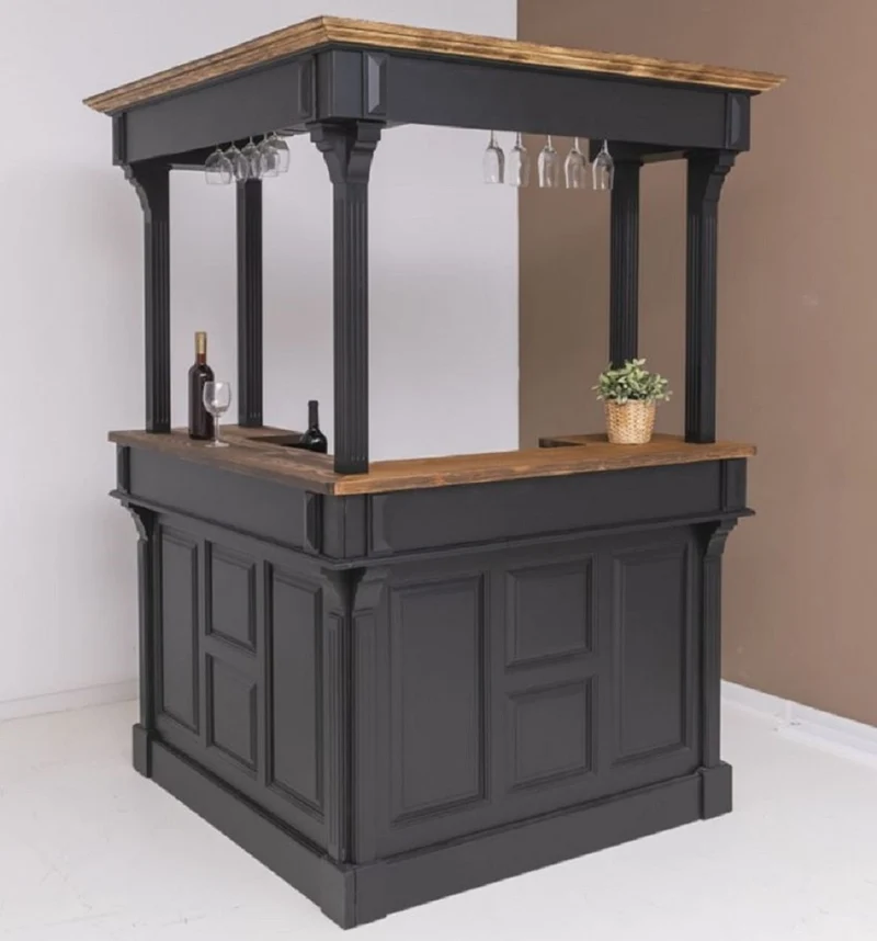 Casa Padrino Landhausstil Bar Theke Schwarz / Dunkelbraun 148 x 148 x H. 210 cm - Massivholz Thekentisch - Massivholz Barmöbel - Barmöbel im Landhausstil - Landhausstil Einrichtung