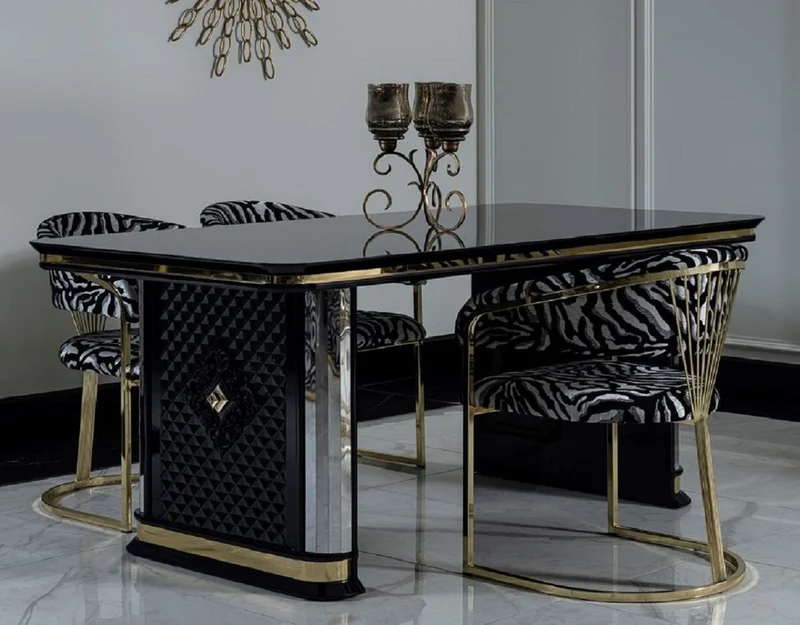 Casa Padrino Luxus Art Deco Esszimmer Set Schwarz / Gold - 1 Esstisch & 4 Stühle