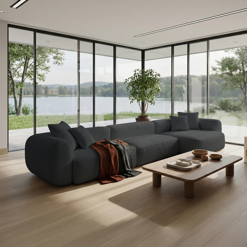 Modulares Ecksofa Baomi, groß, L-förmig, rechtsseitig, dunkelgrauer Chenille-Bezug