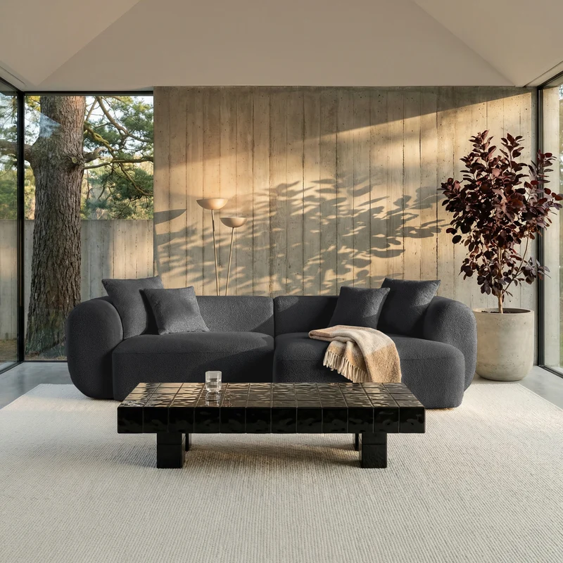 Modulares Ecksofa Baomi L-förmig mit Hocker, rechtsseitig, dunkelgrauer Chenille-Stoff