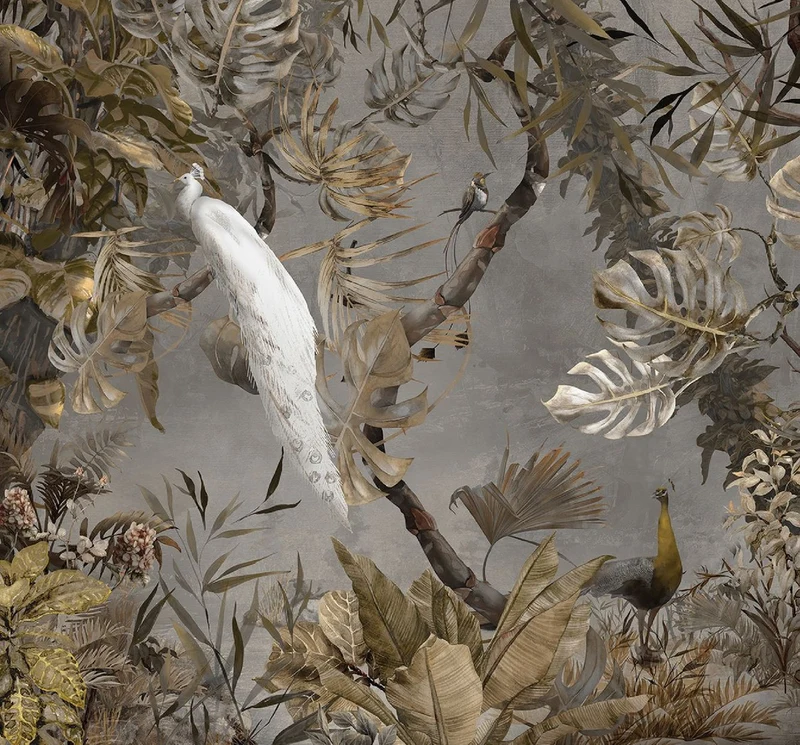 Casa Padrino Luxus Vorhang Set Weißer Pfau im Wald Grau / Mehrfarbig 250 x H. 290 cm - Bedruckte Samt Gardinen - Ösenvorhänge - Wohnzimmer Vorhänge - Luxus Vorhänge - Luxus Qualität