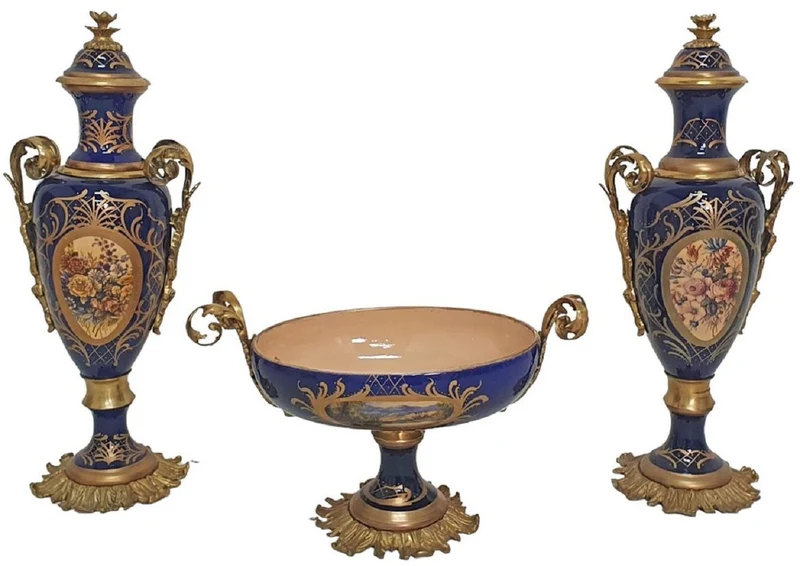Casa Padrino Barock Deko Keramik Vasen Set mit Schale Blau / Mehrfarbig / Messing - Prunkvolle Deko im Barockstil - Barock Deko Accessoires - Barock Möbel - Edel & Prunkvoll