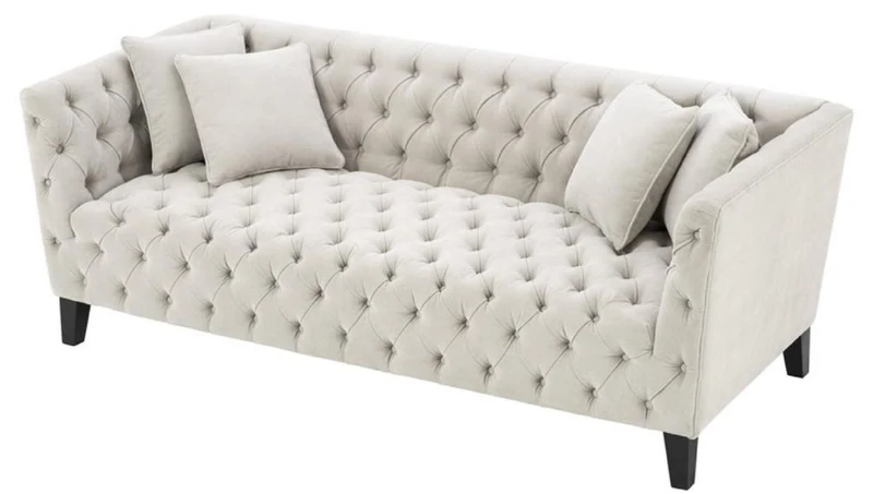 Casa Padrino Luxus Chesterfield Wohnzimmer Sofa mit 4 Kissen Sandfarben / Schwarz 217 x 92 x H. 78 cm - Luxus Möbel