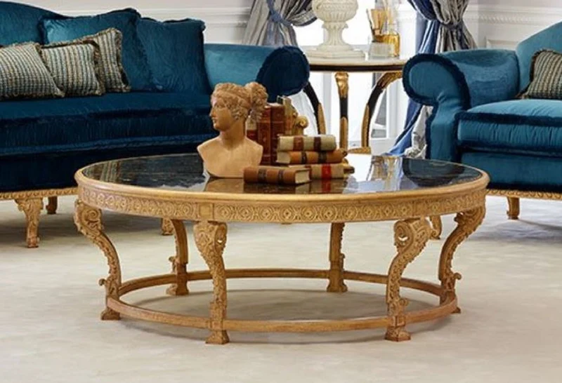 Casa Padrino Luxus Barock Couchtisch mit Marmorplatte Naturfarben / Schwarz - Runder Wohnzimmertisch im Barockstil - Barock Möbel - Edel & Prunkvoll - Luxus Qualität - Made in Italy