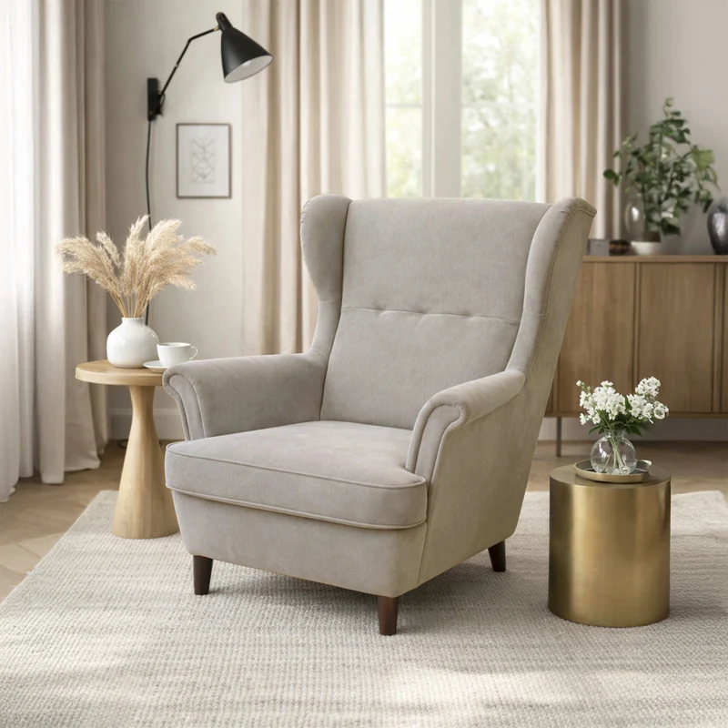 Ohrensessel Malmello mit Fußhocker, beige, pflegeleichter Samt, schwarze Beine