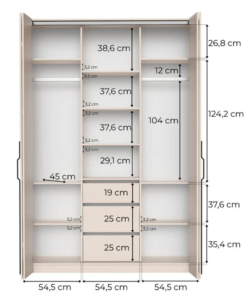 Zweittüriger Schrank Bari mit drei Schubladen, 170 cm, Eiche Bookmatch