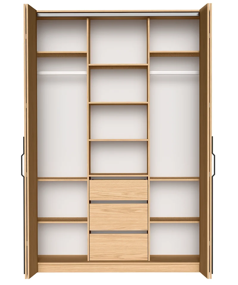 Zweittüriger Schrank Bari mit drei Schubladen, 170 cm, Eiche Bookmatch