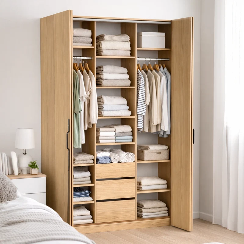 Zweittüriger Schrank Bari mit drei Schubladen, 170 cm, Eiche Bookmatch