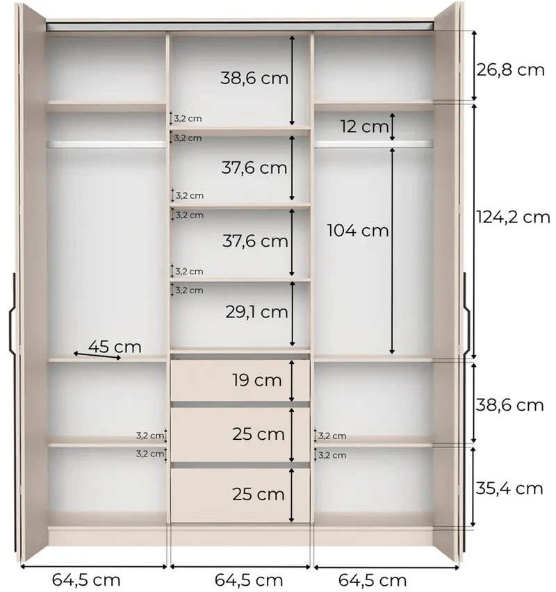 Zweiturige Bari-Garderobe mit drei Schubladen, 200 cm, Artisan-Eiche