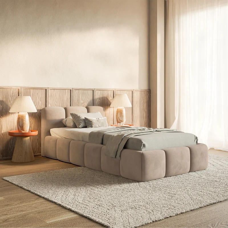 Polsterbett 90x200 cm Cloudy Low, beige, wasserabweisender, pflegeleichter Samtstoff