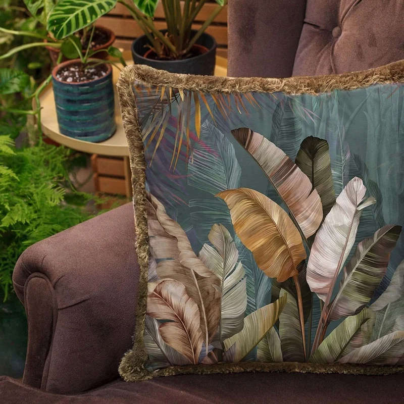 Casa Padrino Luxus Deko Kissen Sträucher Mehrfarbig / Braun 45 x 45 cm - Bedrucktes Samt Kissen mit Fransen - Luxus Deko Accessoires