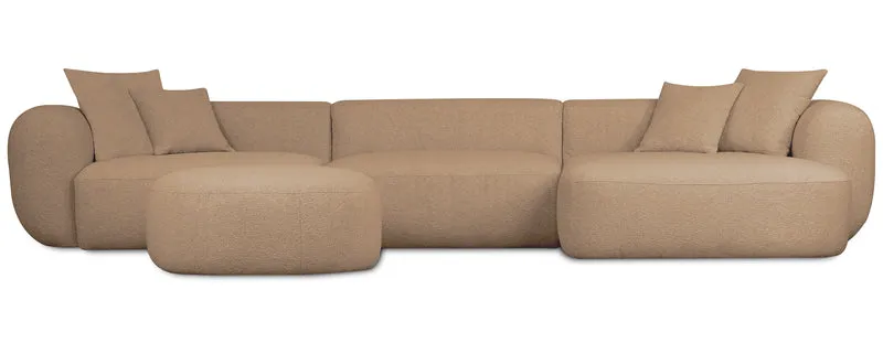 Großes L-förmiges modulares Ecksofa Baomi mit Pouf, rechtsseitig, senfgelber Chenille-Stoff