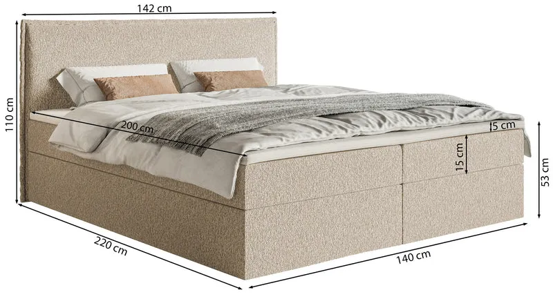 Kontinentalbett 140x200 cm Softie mit Stauraum und Topper, hellbeiger Chenille