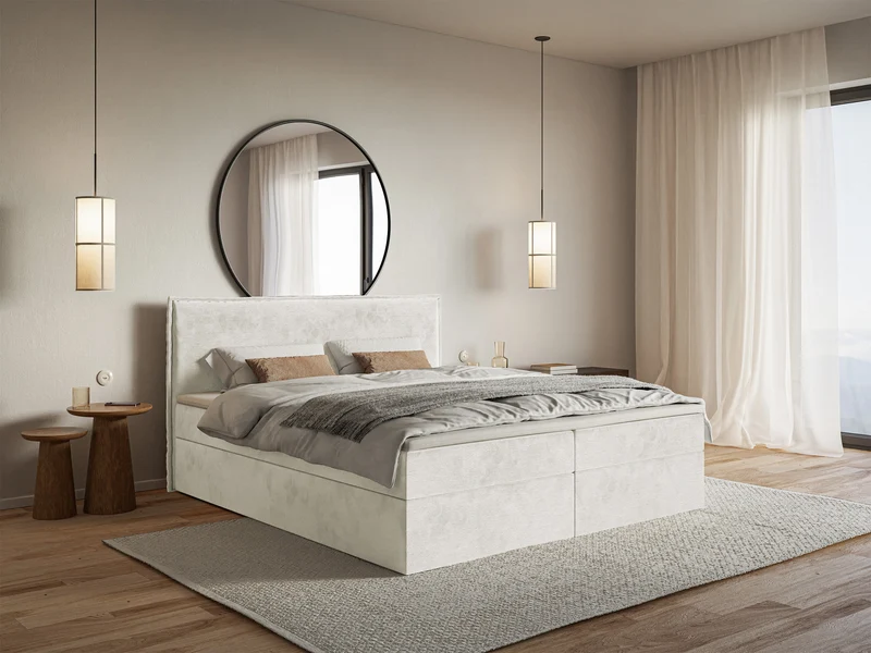 Kontinentalbett 160x200 cm Softie mit Stauraum und Topper, grau-beiger Velours, wasserabweisend