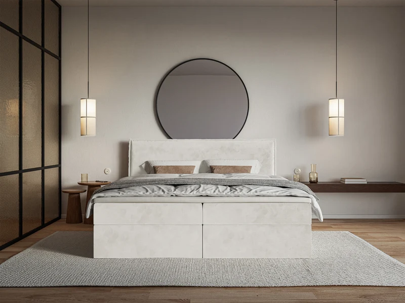 Kontinentalbett 160x200 cm Softie mit Stauraum und Topper, grau-beiger Velours, wasserabweisend