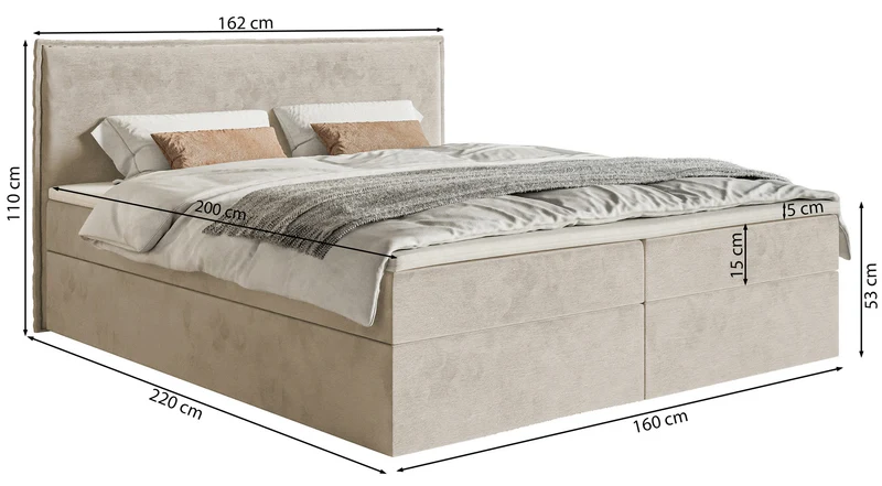 Kontinentalbett 160x200 cm Softie mit Stauraum und Topper, grau-beiger Velours, wasserabweisend