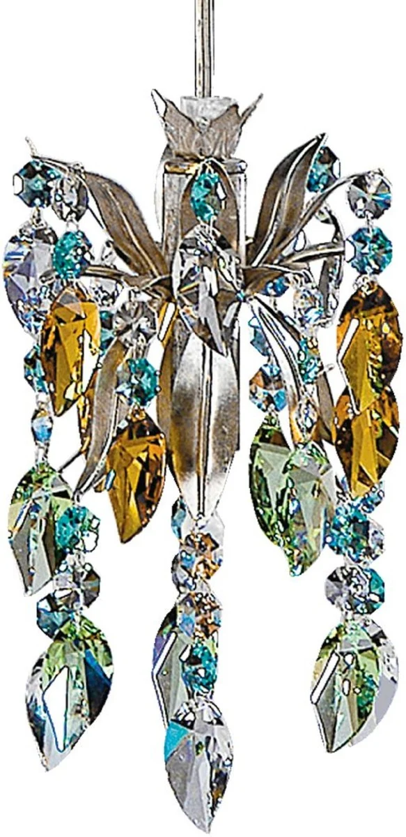 Casa Padrino Luxus LED Hängeleuchte Silber / Mehrfarbig Ø 12 x H. 17 cm - Moderner Metall Hängelampe mit Swarovski Kristallglas - Luxus Kollektion