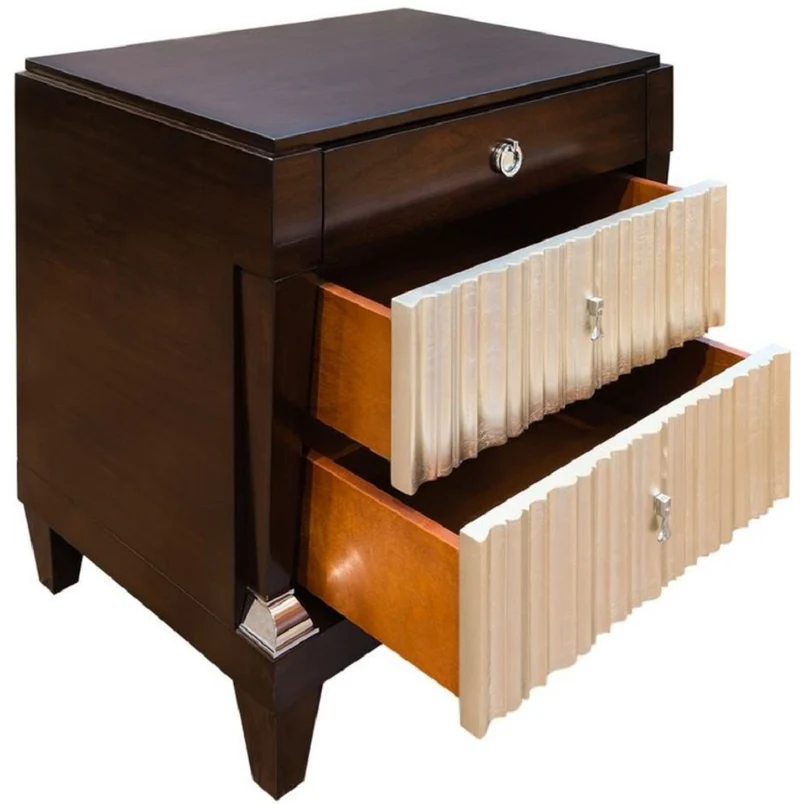 Casa Padrino Luxus Neoklassisches Schlafzimmer Set Hellbeige / Dunkelbraun / Silber - 1 Doppelbett mit Kopfteil & 2 Nachtkommoden - Neoklassische Schlafzimmer Möbel