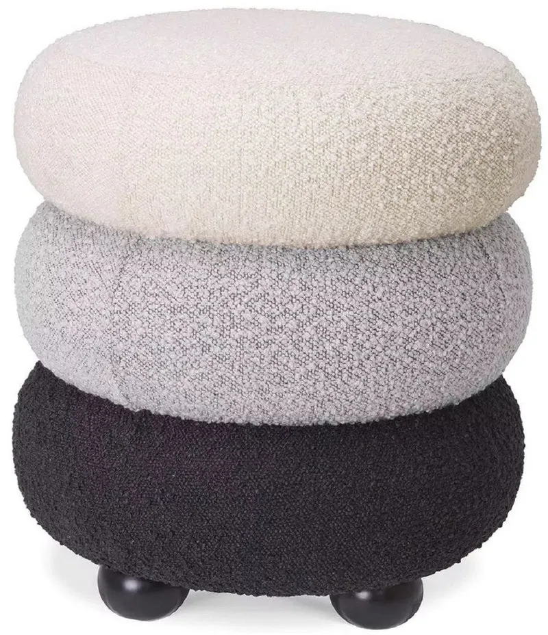 Casa Padrino Luxus Hocker Creme / Grau / Schwarz Ø 43 x H. 49,5 cm - Runder Wohnzimmer Sitzhocker - Gepolsterter Rundhocker - Wohnzimmer Möbel - Luxus Möbel - Luxus Einrichtung - Möbel Luxus