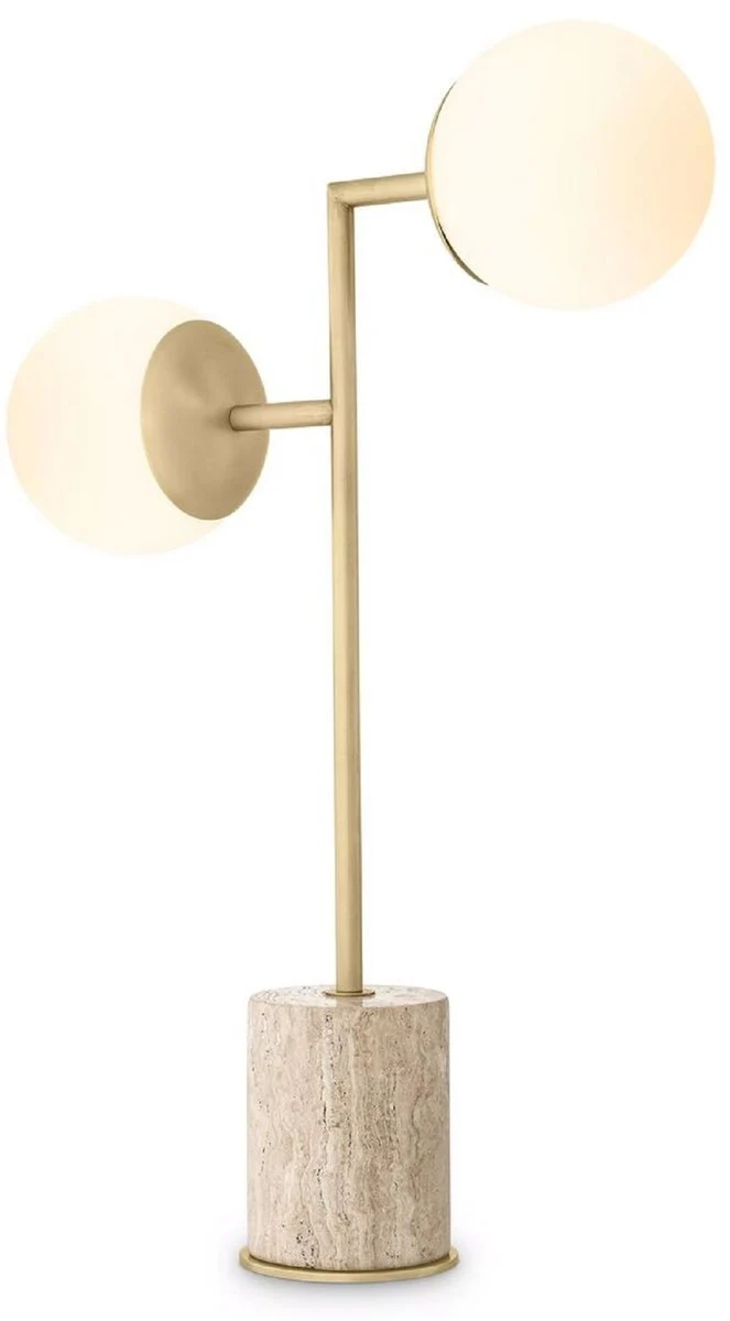 Casa Padrino Luxus Tischleuchte Travertin / Antik Messing / Weiß 51 x H. 70 cm - Schreibtischleuchte mit Travertin Sockel und Glas Lampenschirmen - Luxus Leuchten - Luxus Möbel - Luxus Interior