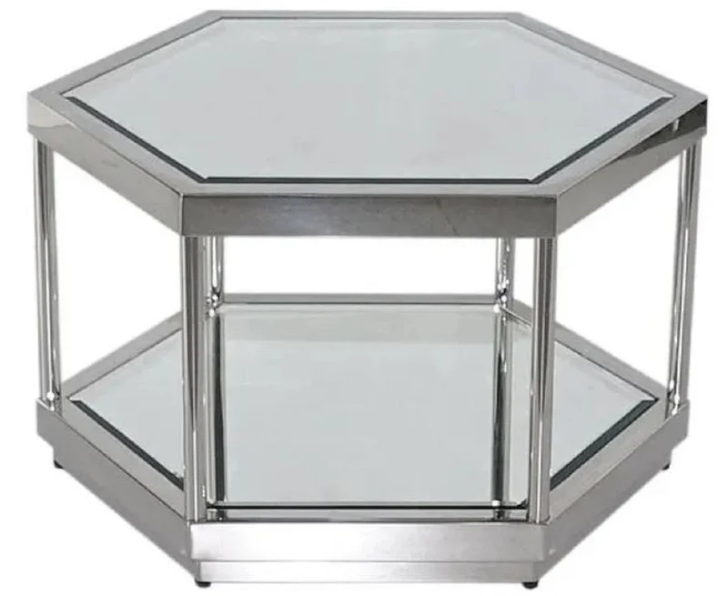 Casa Padrino Luxus Couchtisch Silber 60 x 52 x H. 36 cm - 6 eckiger Metall Wohnzimmertisch mit Glasplatten - Wohnzimmer Möbel - Luxus Möbel