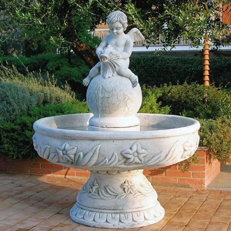 Casa Padrino Barock Springbrunnen Engel Grau Ø 125 x H. 153 cm - Runder Gartenbrunnen im Barockstil - Runder Gartendeko Brunnen - Barock Garten Deko Accessoires - Luxus Qualität - Made in Italy