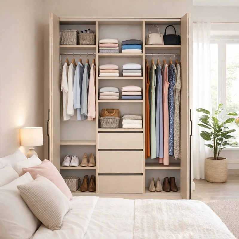 Zweiflügeliger Schrank Bari mit drei Schubladen, 200 cm, Kaschmirfarben