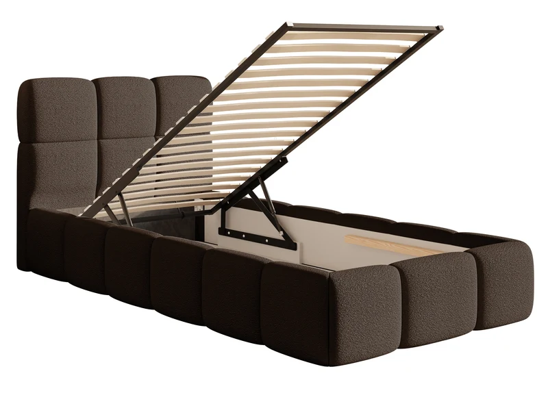 Gepolstertes Bett 90x200 cm Cloudy mit Stauraum, Metallrahmen, braunes Bouclé