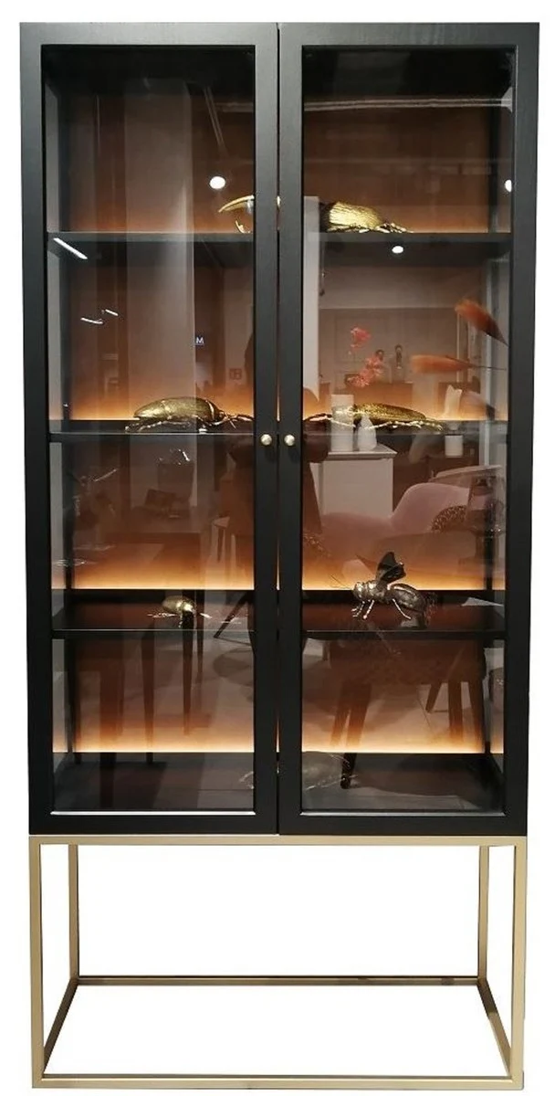 Casa Padrino Luxus Vitrine mit LED Beleuchtung Matt Schwarz / Messing / Matt Cognac 90 x 40 x H. 200 cm - Beleuchteter Massivholz Vitrinenschrank mit 2 Glastüren - Wohnzimmer Möbel - Luxus Möbel
