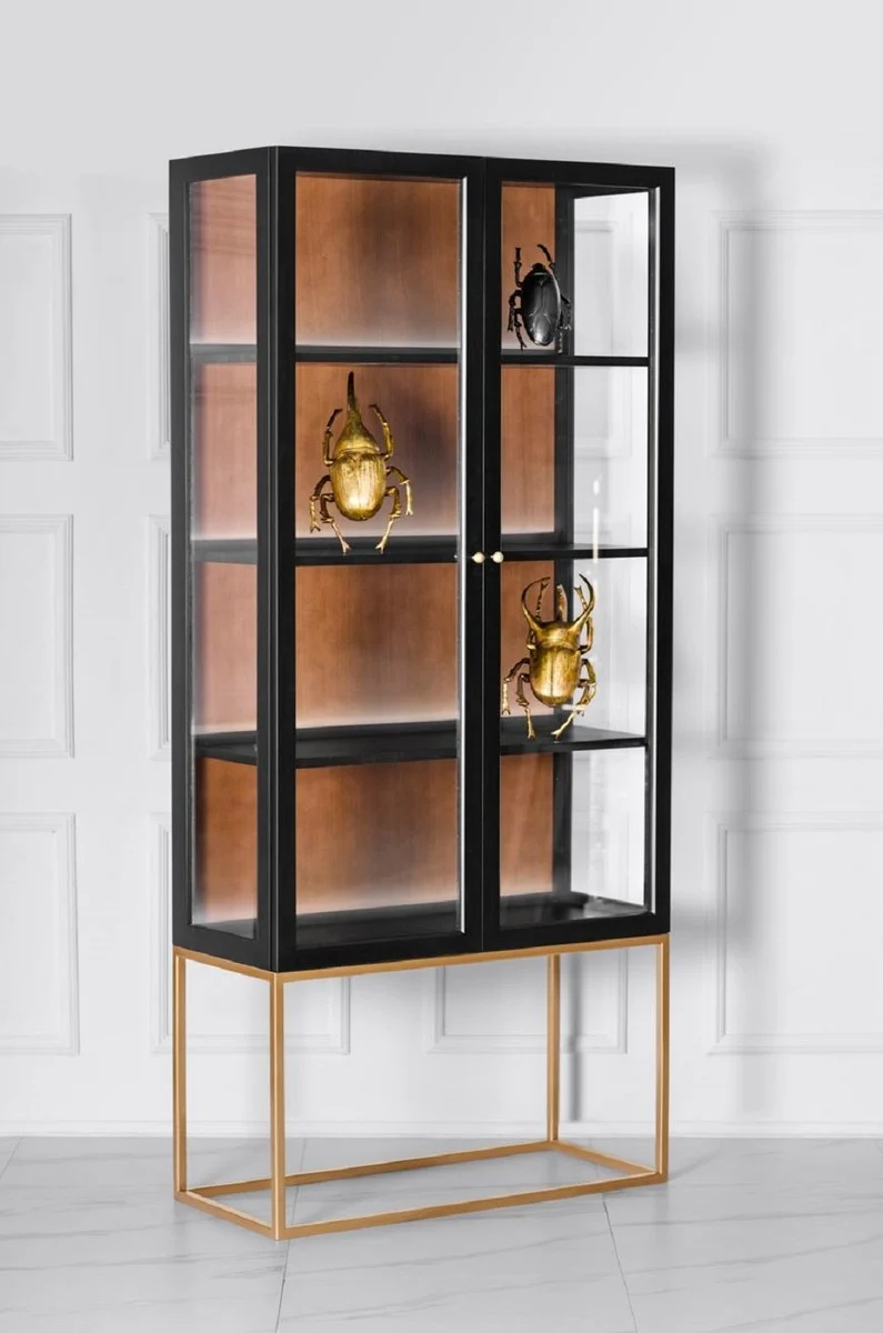 Casa Padrino Luxus Vitrine mit LED Beleuchtung Matt Schwarz / Messing / Matt Cognac 90 x 40 x H. 200 cm - Beleuchteter Massivholz Vitrinenschrank mit 2 Glastüren - Wohnzimmer Möbel - Luxus Möbel