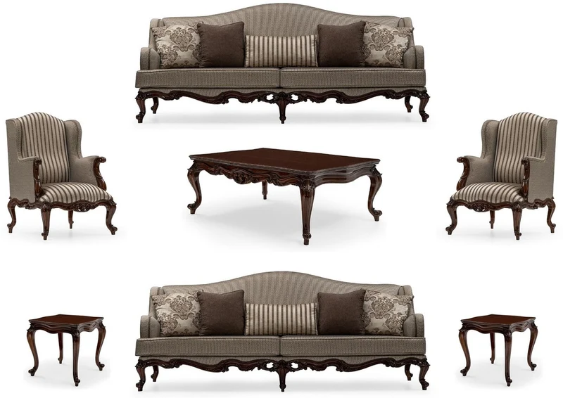 Casa Padrino Luxus Barock Wohnzimmer Set Silber / Braun - 2 Sofas & 2 Sessel & 1 Couchtisch & 2 Beistelltische - Handgefertigte Wohnzimmer Möbel im Barockstil - Edel & Prunkvoll