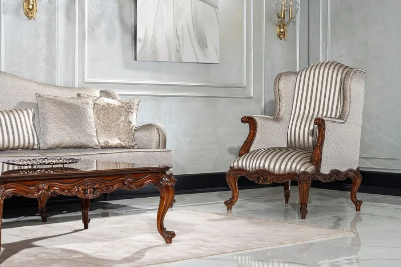 Casa Padrino Luxus Barock Wohnzimmer Set Silber / Braun - 2 Sofas & 2 Sessel & 1 Couchtisch & 2 Beistelltische - Handgefertigte Wohnzimmer Möbel im Barockstil - Edel & Prunkvoll