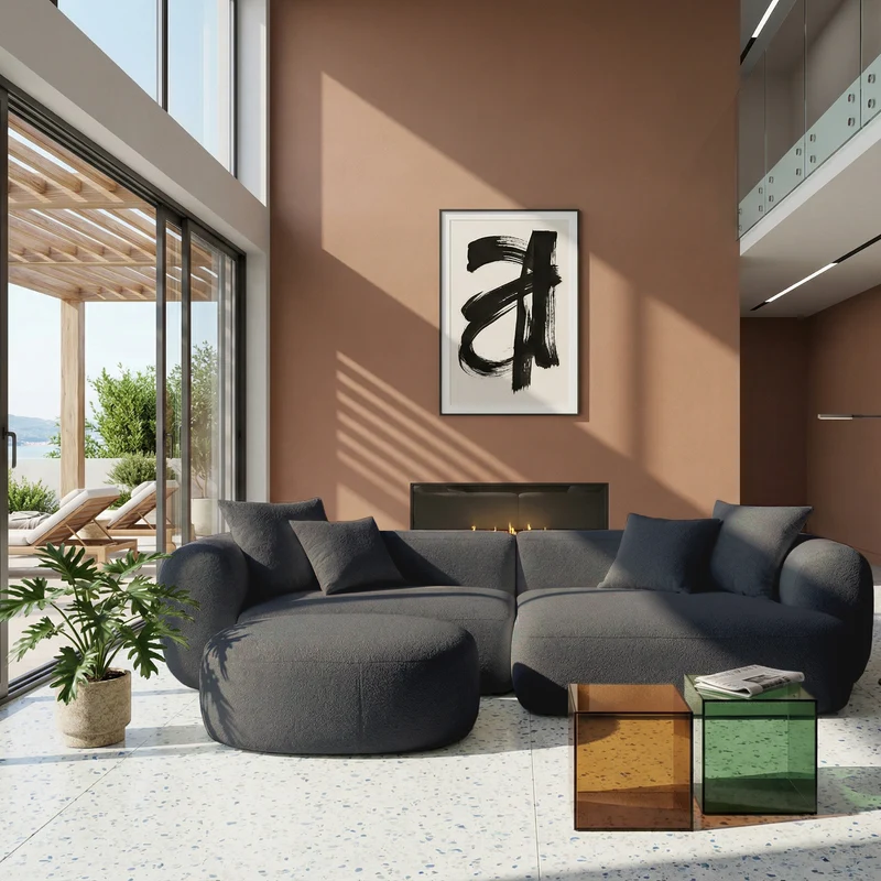 Modulares Ecksofa Baomi L-förmig mit Hocker, rechtsseitig, dunkelgrauer Chenille-Stoff