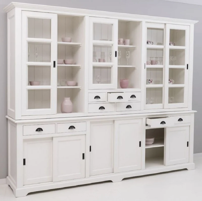 Casa Padrino Landhausstil Esszimmerschrank Weiß 280 x 55 x H. 225 cm - Massivholz Küchenschrank - Esszimmer Möbel im Landhausstil - Landhausstil Esszimmer Einrichtung
