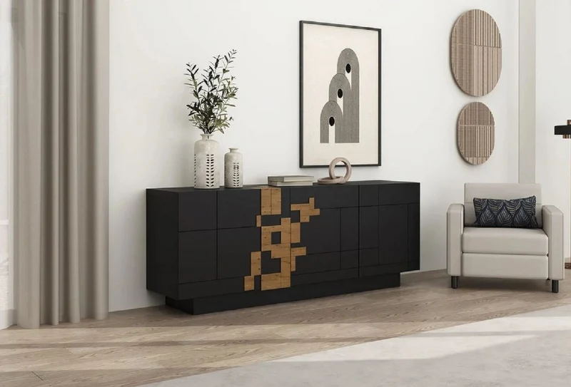 Casa Padrino Luxus Sideboard Schwarz / Braun 220 x 50,8 x H. 85 cm - Massivholz Schrank mit 4 Türen - Massivholz Möbel - Luxus Möbel - Luxus Einrichtung