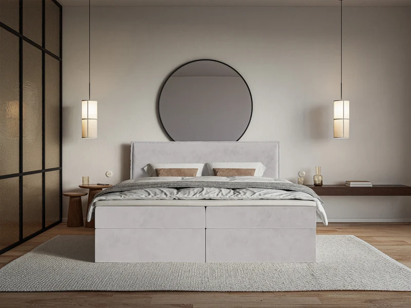 Kontinentales Bett 140x200 cm Softie mit Stauraum und Topper, hellgrauer Velours, wasserabweisend