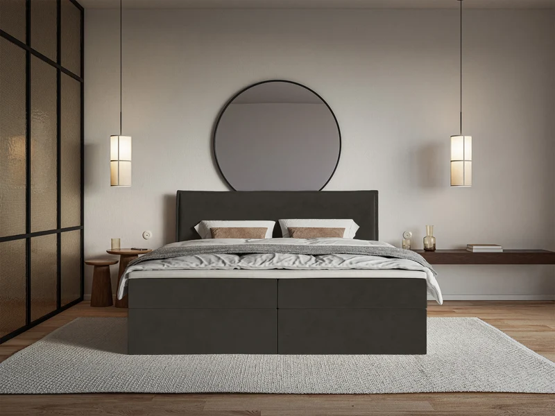 Kontinentales Bett 160x200 cm Softie mit Stauraum und Topper, dunkelgrüner hydrophober Samt