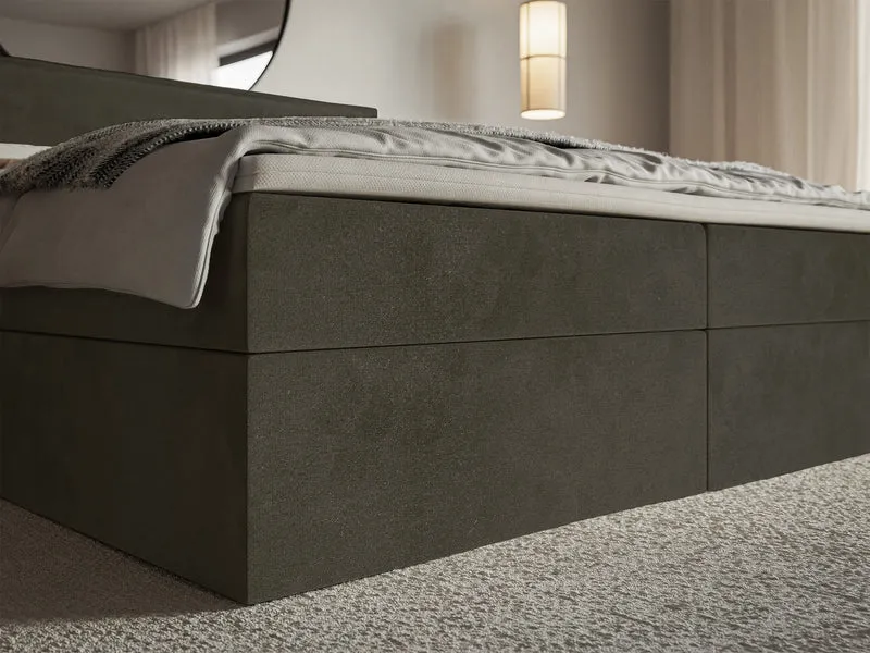 Kontinentales Bett 160x200 cm Softie mit Stauraum und Topper, dunkelgrüner hydrophober Samt