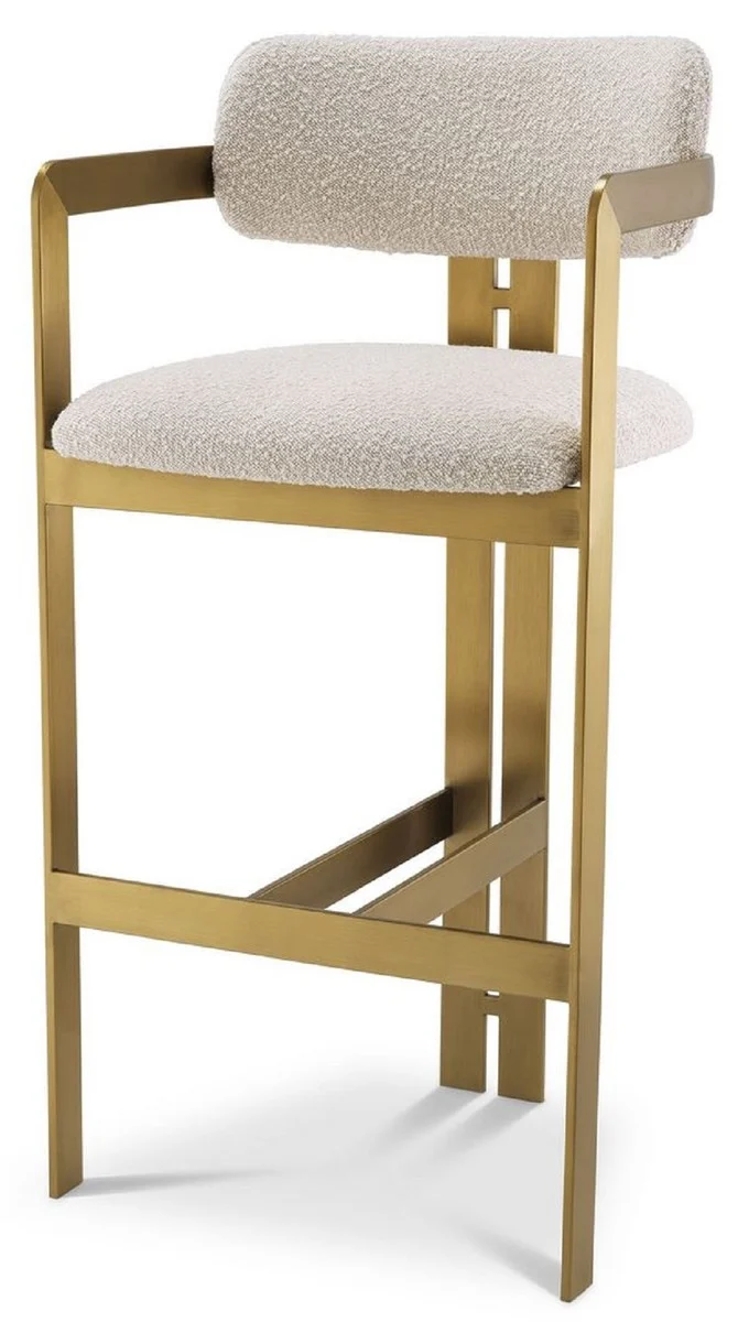 Casa Padrino Luxus Barstuhl Creme / Messing 53 x 44,5 x H. 107 cm - Gepolsterter Edelstahl Barhocker - Luxus Barmöbel