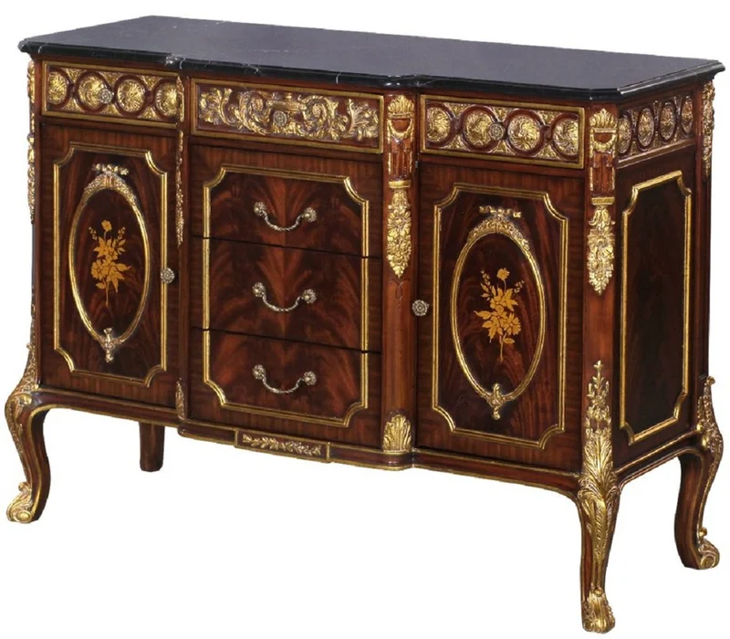 Casa Padrino Luxus Barock Massivholz Kommode mit Marmorplatte Dunkelbraun / Gold / Schwarz - Prunkvolle Barock Möbel