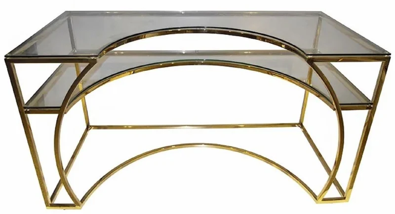 Casa Padrino Luxus Designer Schreibtisch Gold 140 x 70 x H. 75 cm - Metall Bürotisch mit Glasplatten - Computertisch - Luxus Designer Büro Möbel
