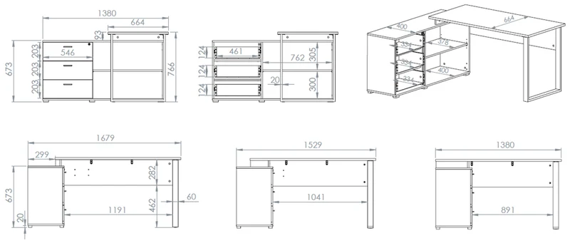 Eckschreibtisch mit Schrank Odelis mit drei Schubladen 168x138 cm Lindberg-Eiche