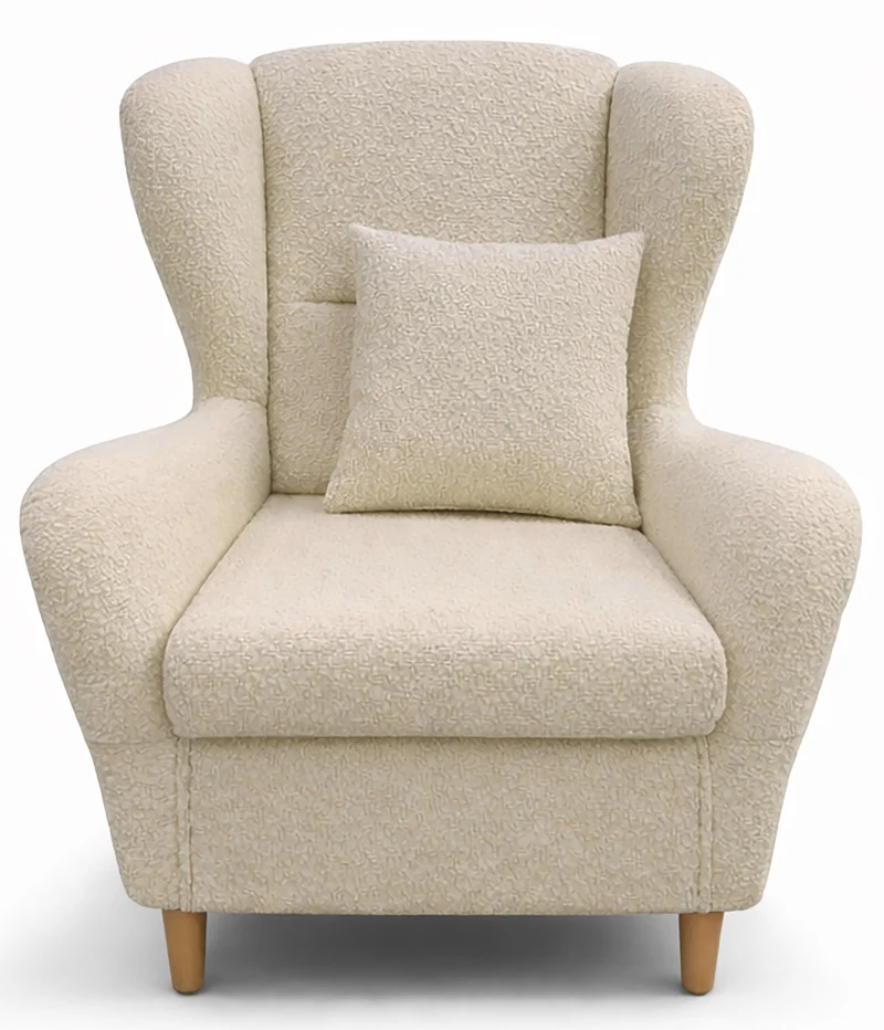 Ohrensessel Teddlo mit Fußhocker, beige Chenille, Buchenholzbeine